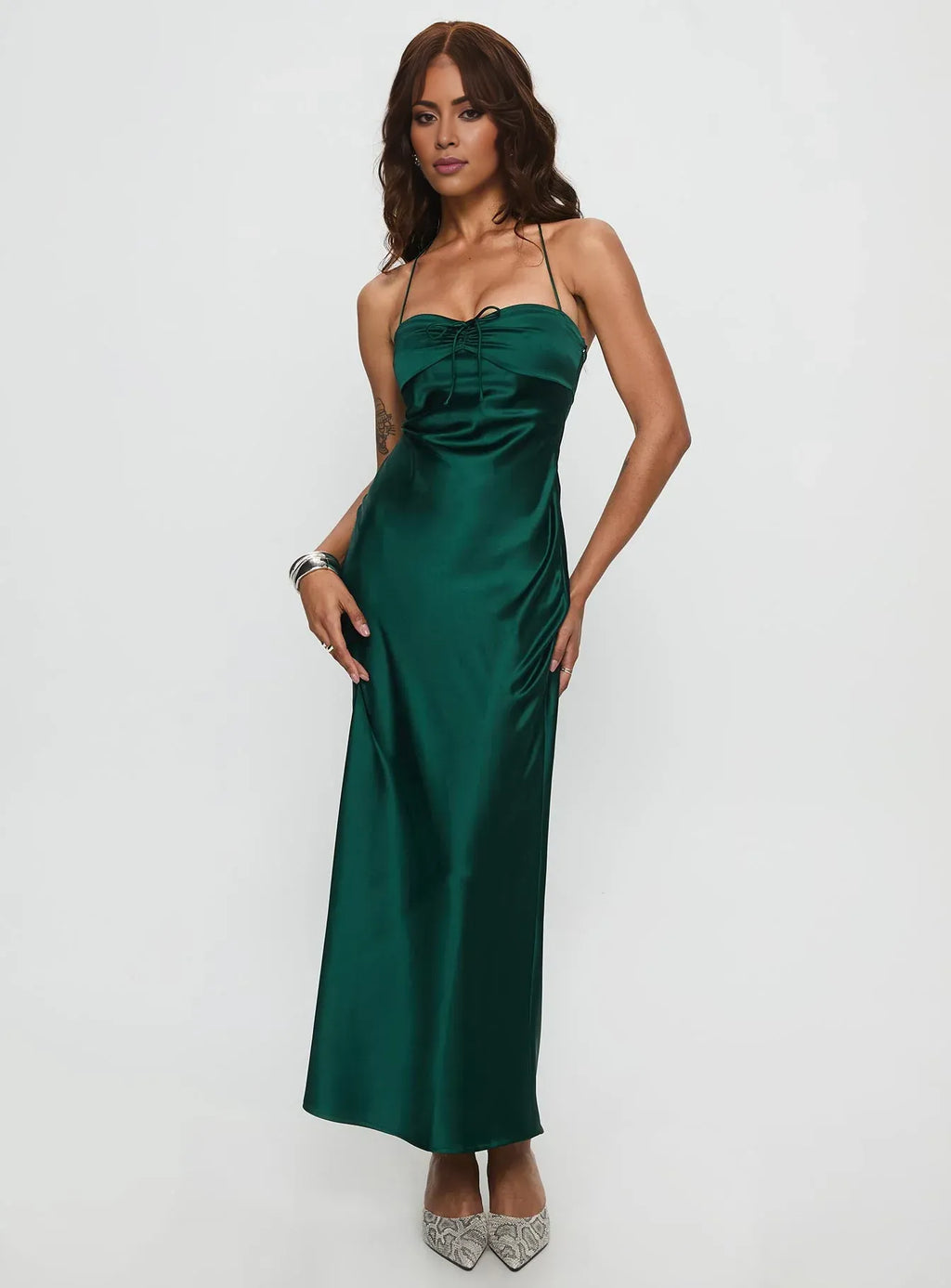 Graceful Stylish Elegant Emerald Green Satin Bodycon Halter Sleeveless Floor-Length Prom Dress