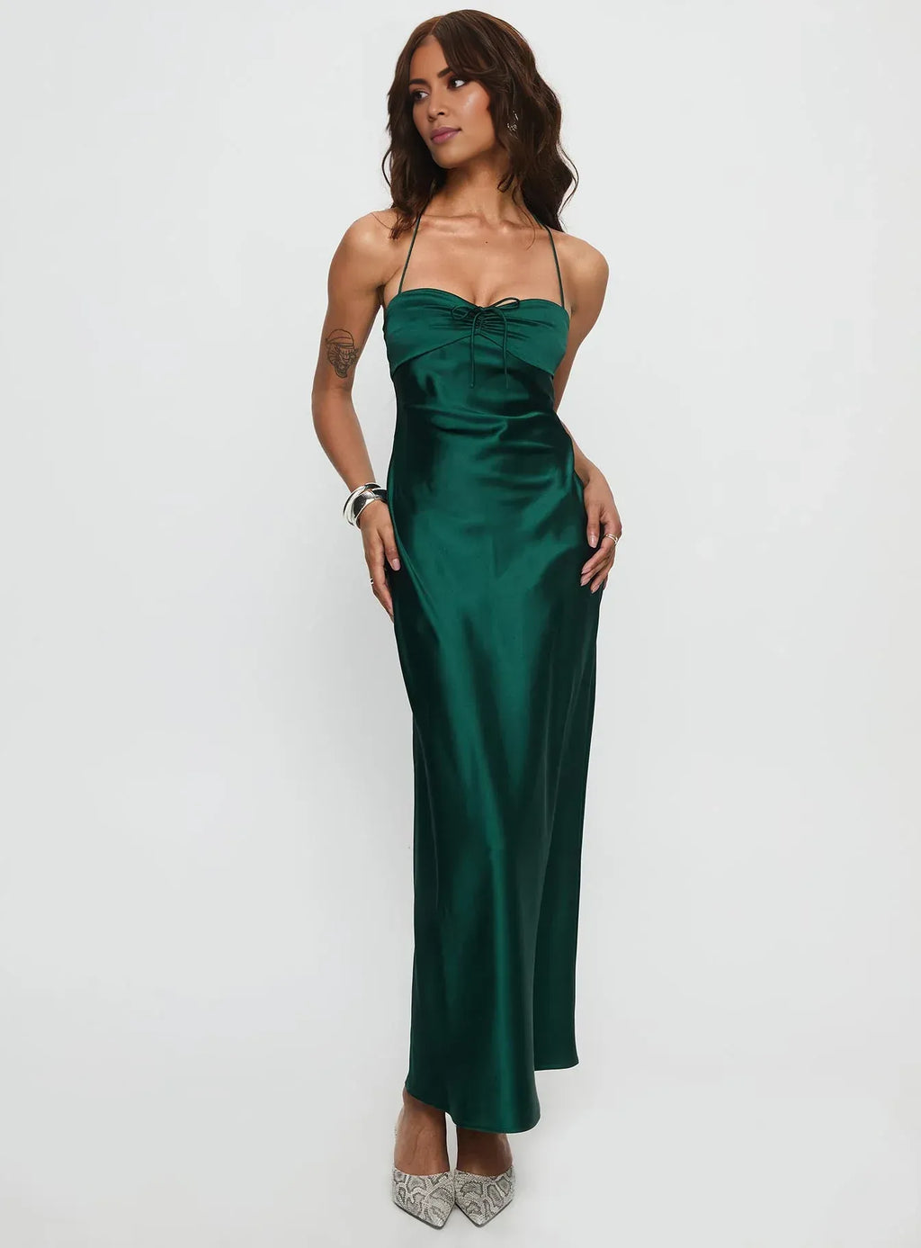 Graceful Stylish Elegant Emerald Green Satin Bodycon Halter Sleeveless Floor-Length Prom Dress