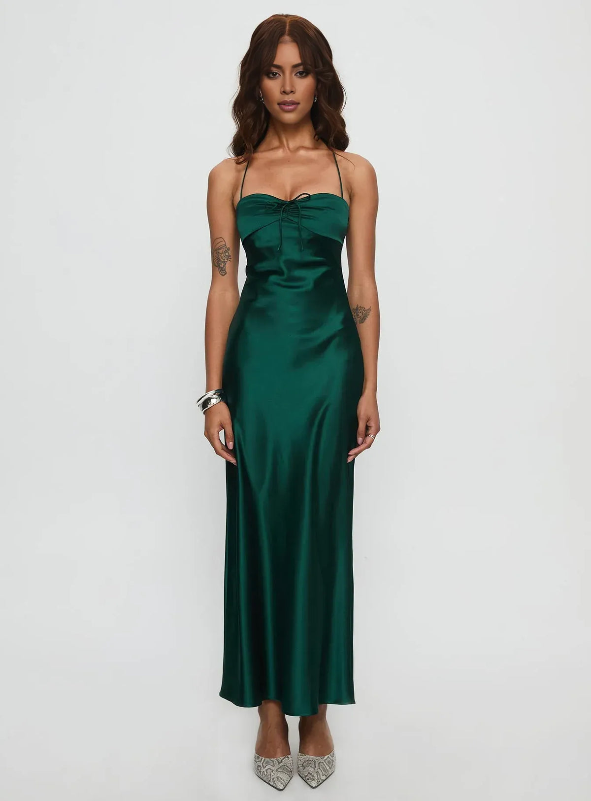 Graceful Stylish Elegant Emerald Green Satin Bodycon Halter Sleeveless Floor-Length Prom Dress