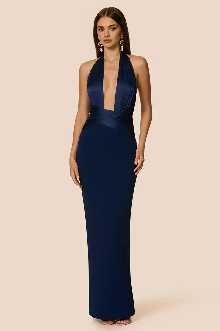 Special Occasion Sophisticated Graceful Elegant Navy Blue Bodycon Halter Sleeveless Floor-Length Prom Dress