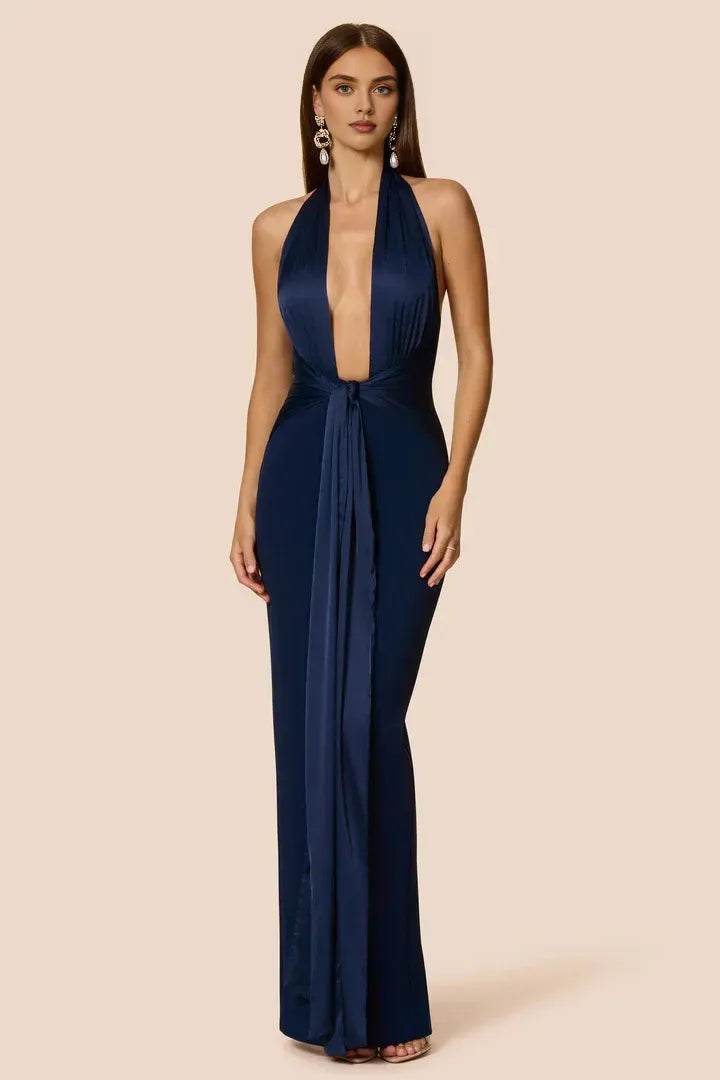 Special Occasion Sophisticated Graceful Elegant Navy Blue Bodycon Halter Sleeveless Floor-Length Prom Dress