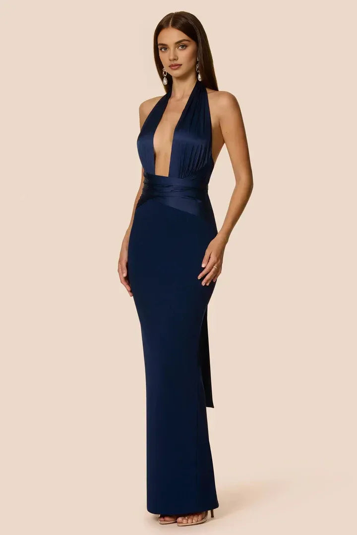Special Occasion Sophisticated Graceful Elegant Navy Blue Bodycon Halter Sleeveless Floor-Length Prom Dress