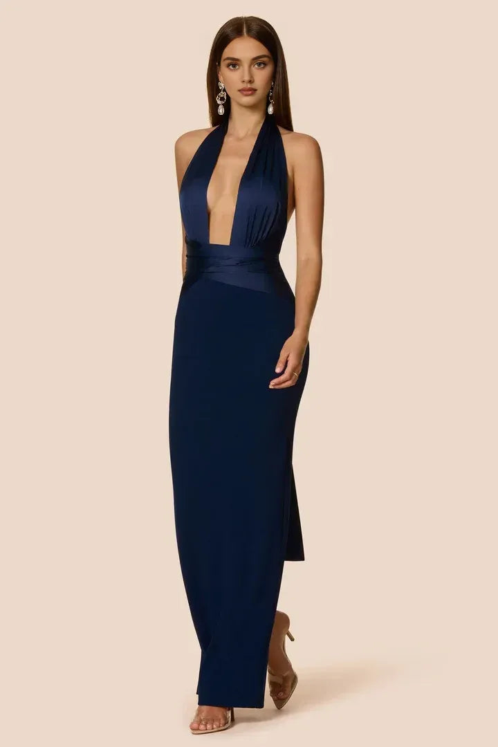 Special Occasion Sophisticated Graceful Elegant Navy Blue Bodycon Halter Sleeveless Floor-Length Prom Dress