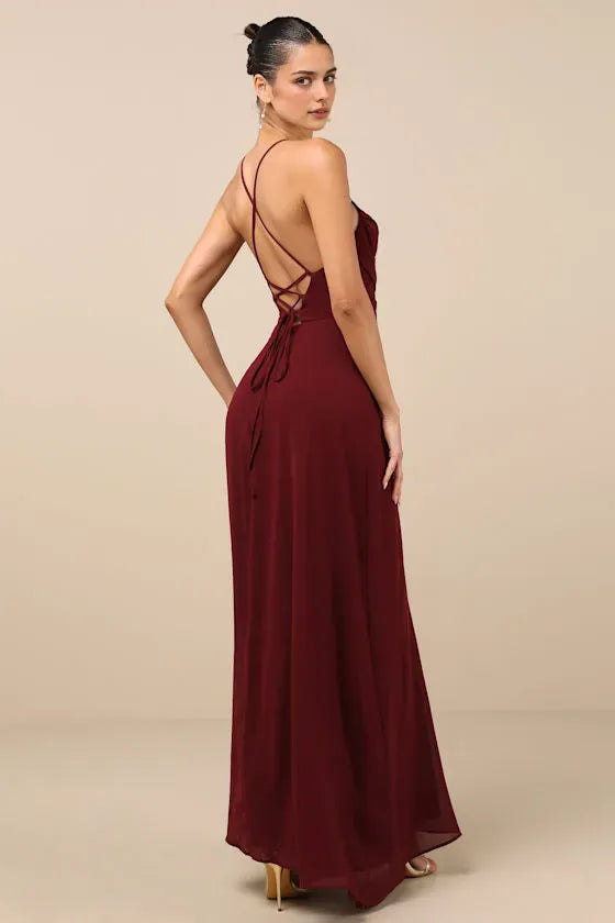 Burgundy Sexy Spaghetti Strap Evening Dress with Twisted V - Neck Flowy Slit Skirt