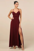 Burgundy Sexy Spaghetti Strap Evening Dress with Twisted V - Neck Flowy Slit Skirt