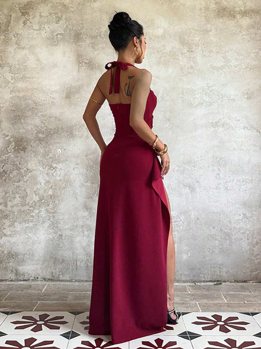 Burgundy Sexy Mermaid Halter Neck Sleeveless Backless Back Zip Ruched Floor-Length High-Slit Prom Dresses