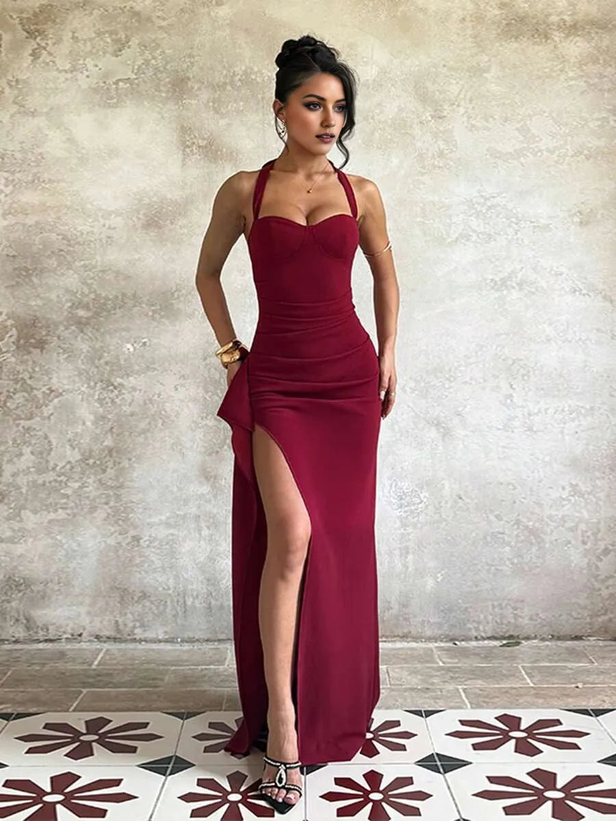Burgundy Sexy Mermaid Halter Neck Sleeveless Backless Back Zip Ruched Floor-Length High-Slit Prom Dresses