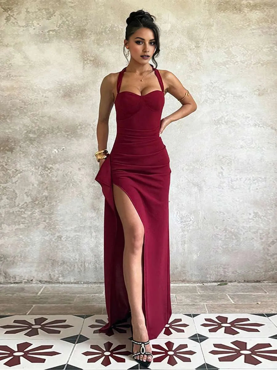 Burgundy Sexy Mermaid Halter Neck Sleeveless Backless Back Zip Ruched Floor-Length High-Slit Prom Dresses