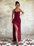 Burgundy Sexy Mermaid Halter Neck Sleeveless Backless Back Zip Ruched Floor-Length High-Slit Prom Dresses