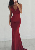 Burgundy Sexy Mermaid Prom Dresses Deep V - Neck, Bodycon Fit Floor Length Silhouette