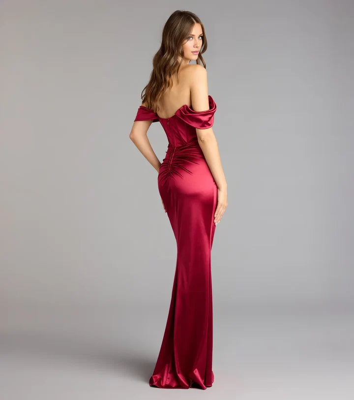 Satin Mermaid Off Shoulder Low Back Slit Long Evening Dress