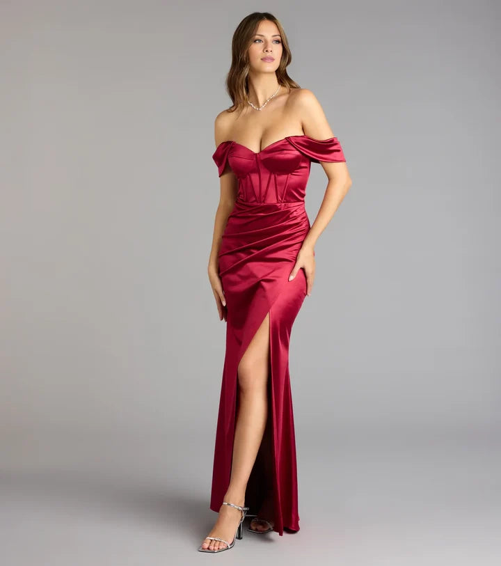 Satin Mermaid Off Shoulder Low Back Slit Long Evening Dress