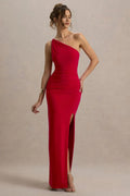 Red Sexy Chic One Prom Dresses Asymmetric Neckline Ruched Bodice Slit Mermaid Silhouette for Head Turning Prom Style