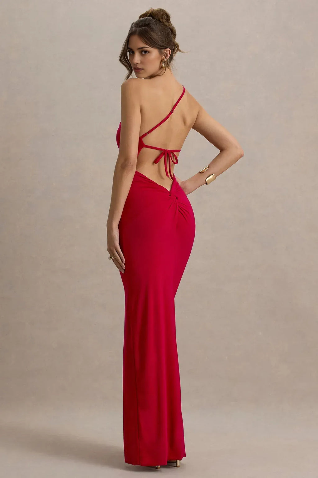 Red Sexy Chic One Prom Dresses Asymmetric Neckline Ruched Bodice Slit Mermaid Silhouette for Head Turning Prom Style