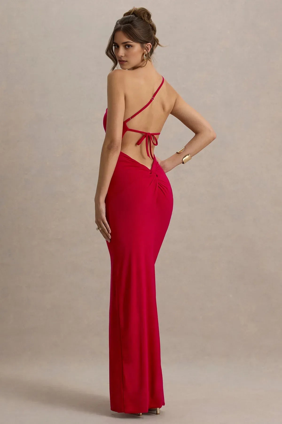 Red Sexy Chic One Prom Dresses Asymmetric Neckline Ruched Bodice Slit Mermaid Silhouette for Head Turning Prom Style