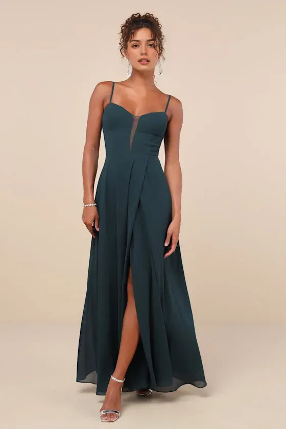Green Sexy Dark Evening Dress with Spaghetti Straps Sweetheart Neckline High Side Slit Ideal for Romantic Night Soir¨¦es