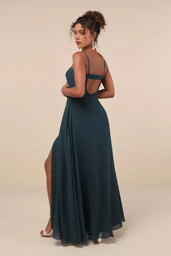 Green Sexy Dark Evening Dress with Spaghetti Straps Sweetheart Neckline High Side Slit Ideal for Romantic Night Soir¨¦es