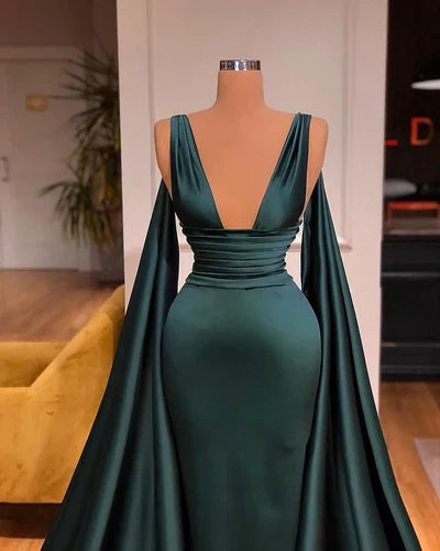 Chic Red Ruffled Mermaid V-Neck Sleeveless Classic-Back Floor-Length Prom Dress