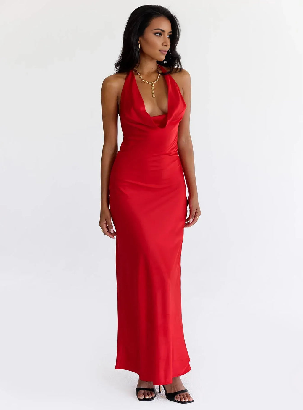 Special Occasion Sophisticated Graceful Stylish Elegant Red Satin Cowl Sleeveless Floor-Length Prom Dress