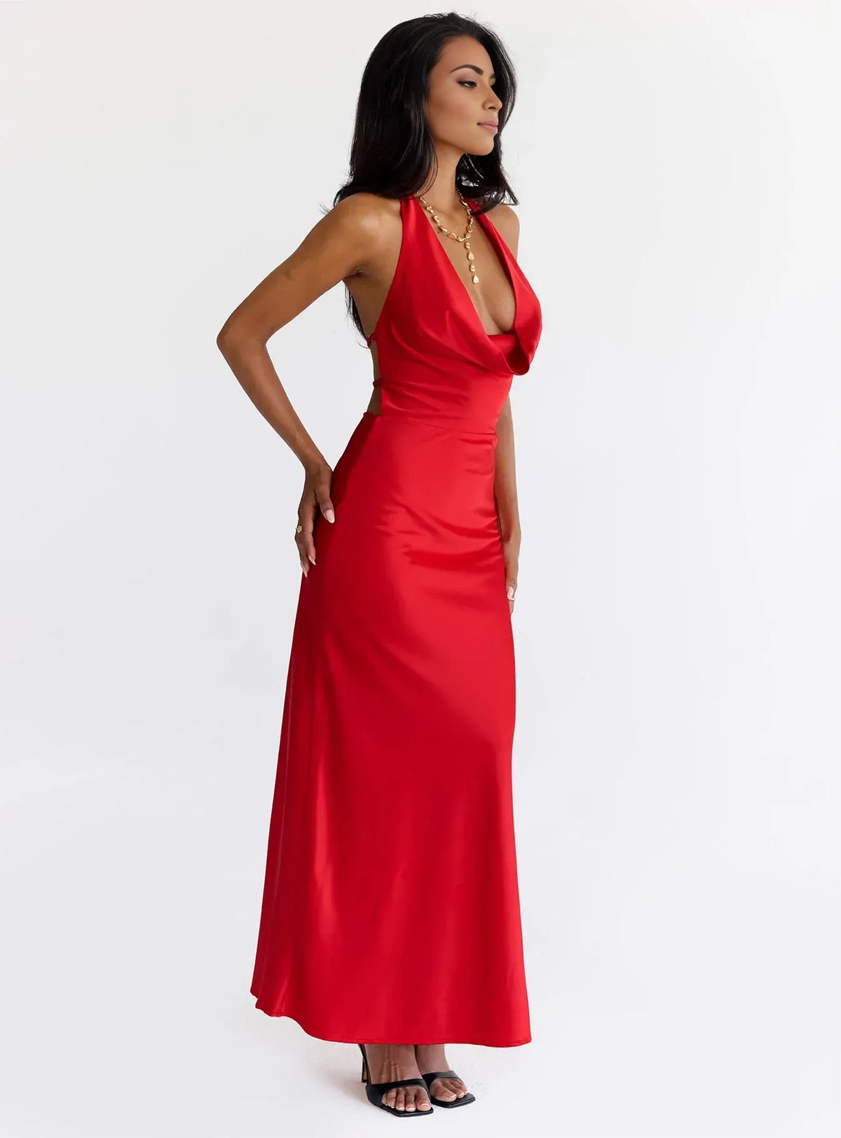Special Occasion Sophisticated Graceful Stylish Elegant Red Satin Cowl Sleeveless Floor-Length Prom Dress