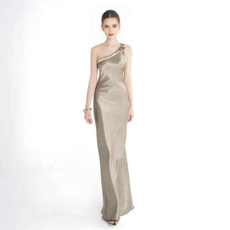 Grey Sexy Mermaid One-Shoulder Sleeveless Up Floral-Embellished Floor-Length Prom Dresses