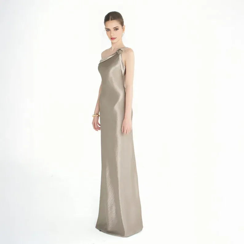 Grey Sexy Mermaid One-Shoulder Sleeveless Up Floral-Embellished Floor-Length Prom Dresses