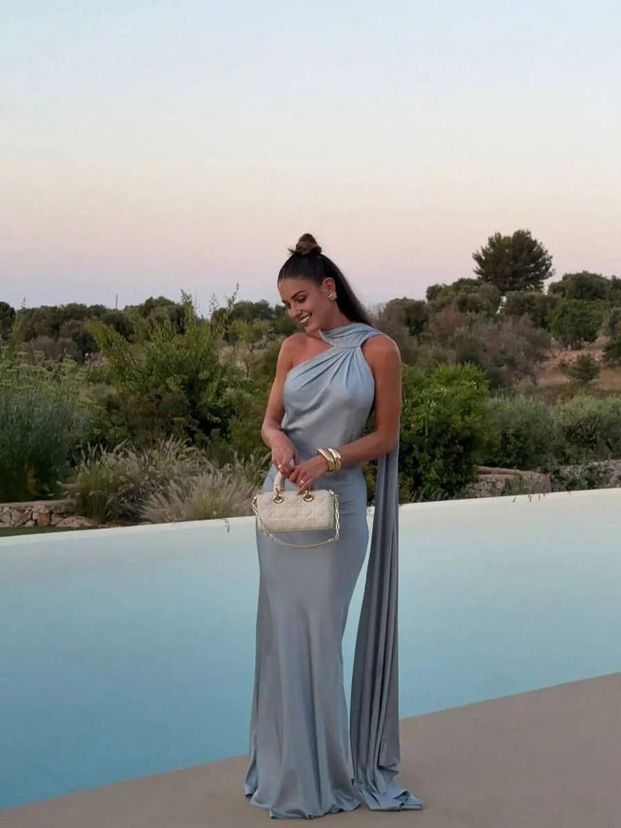 Sexy Mermaid One-Shoulder Sleeveless Backless Draped Floor-Length Prom Dresses