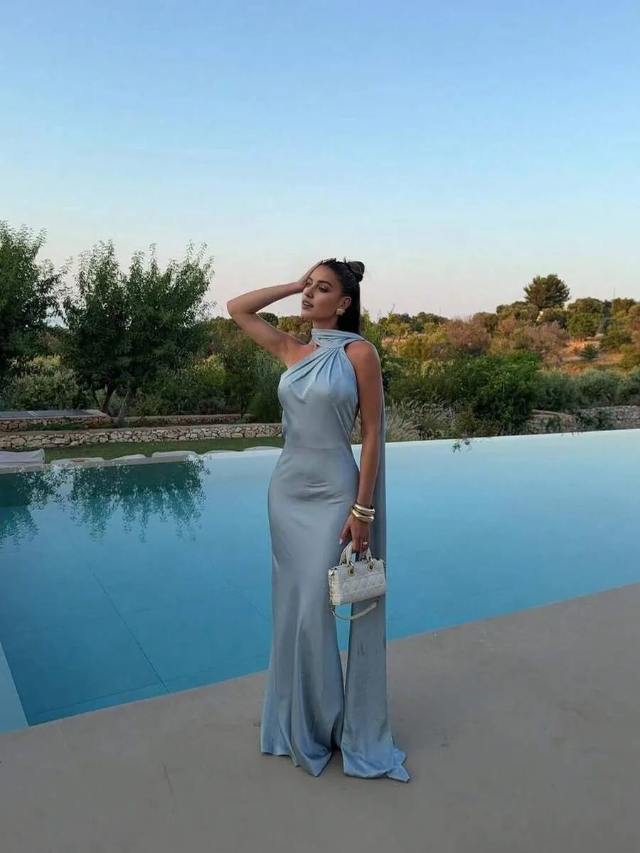 Sexy Mermaid One-Shoulder Sleeveless Backless Draped Floor-Length Prom Dresses