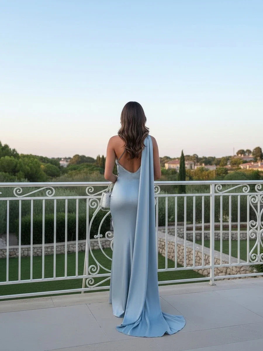 Sexy Mermaid One-Shoulder Sleeveless Backless Draped Floor-Length Prom Dresses