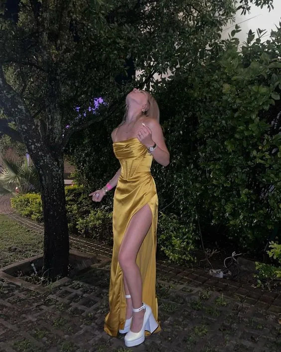 Yellow Sexy Mermaid Straps Evening Party Dress Long Prom Dress