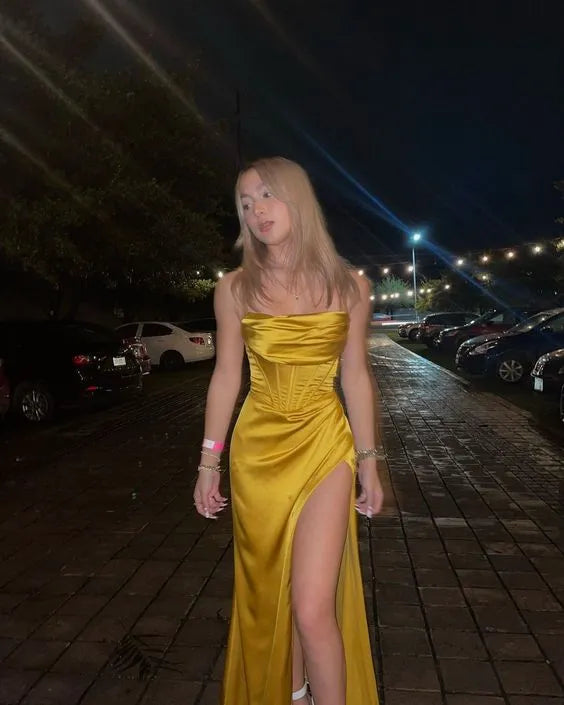 Yellow Sexy Mermaid Straps Evening Party Dress Long Prom Dress