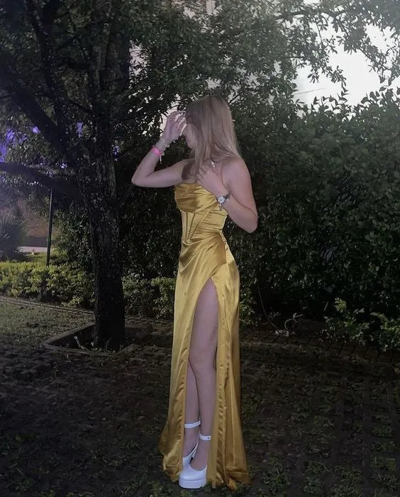 Yellow Sexy Mermaid Straps Evening Party Dress Long Prom Dress