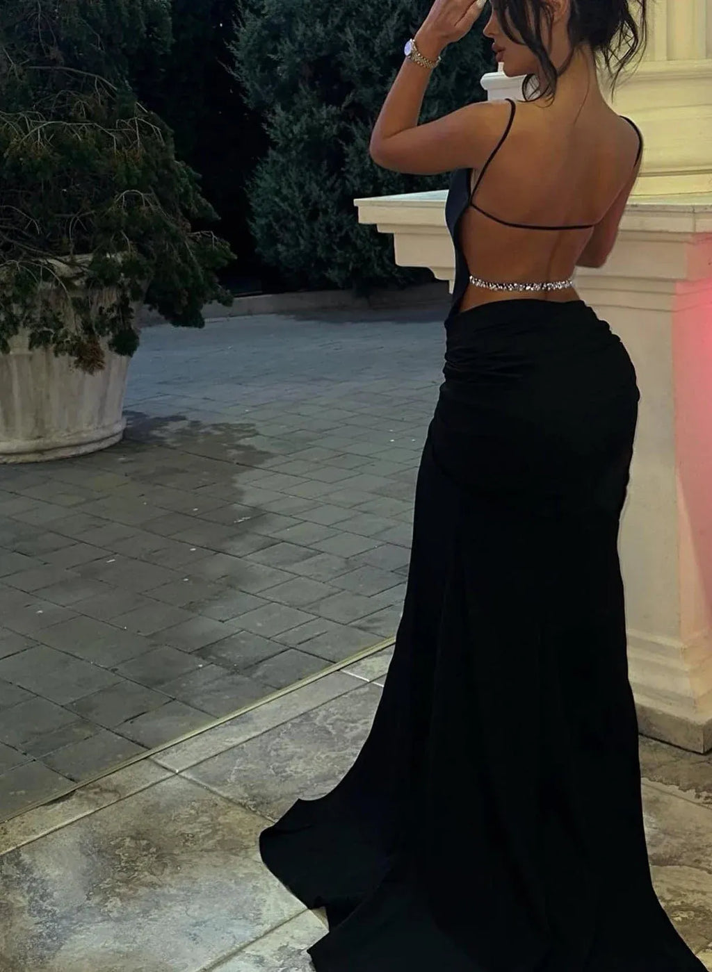 Black Sexy Mermaid Spaghetti Straps Beaded Prom Dress With Open Back