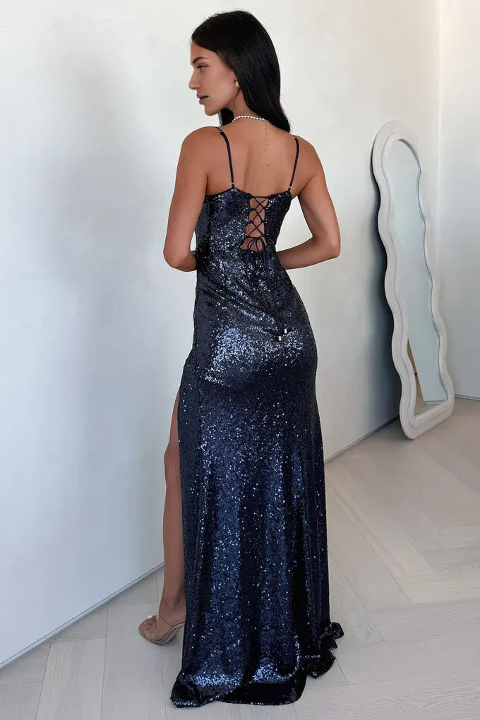 Sophisticated Graceful Stylish Elegant Navy Blue Sequins Mermaid Sleeveless Floor-Length Prom Dress