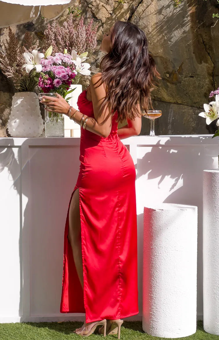 Red Sexy Prom Dress Spaghetti Straps Ruched Plunging V Neck Side Slit for a Glamorous Alluring Look
