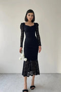 Black Sexy Ruched Sweetheart Long Sleeve Midi Party Dress