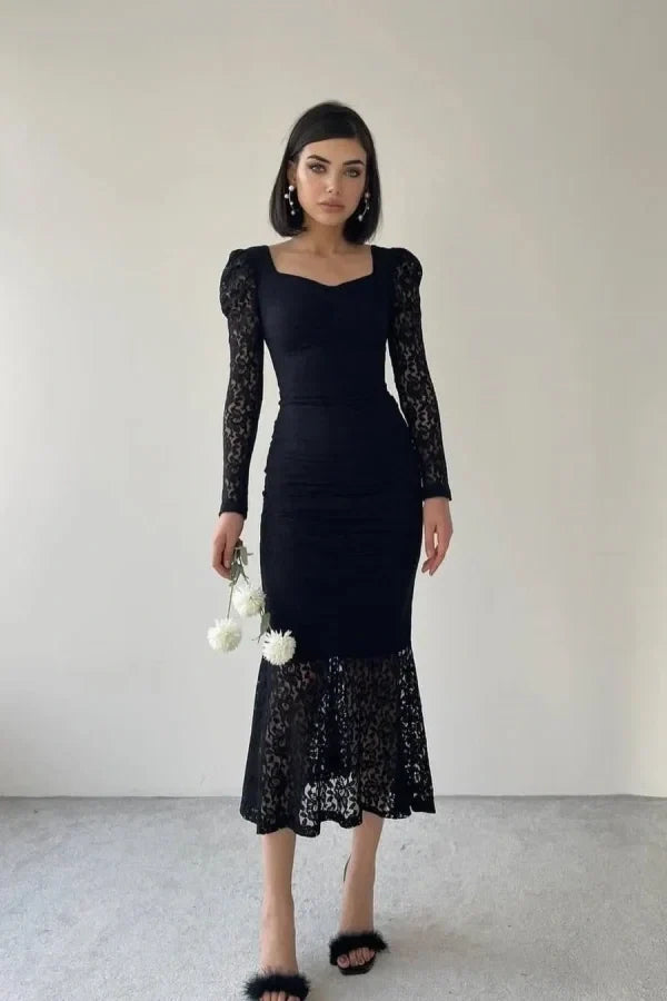 Black Sexy Ruched Sweetheart Long Sleeve Midi Party Dress