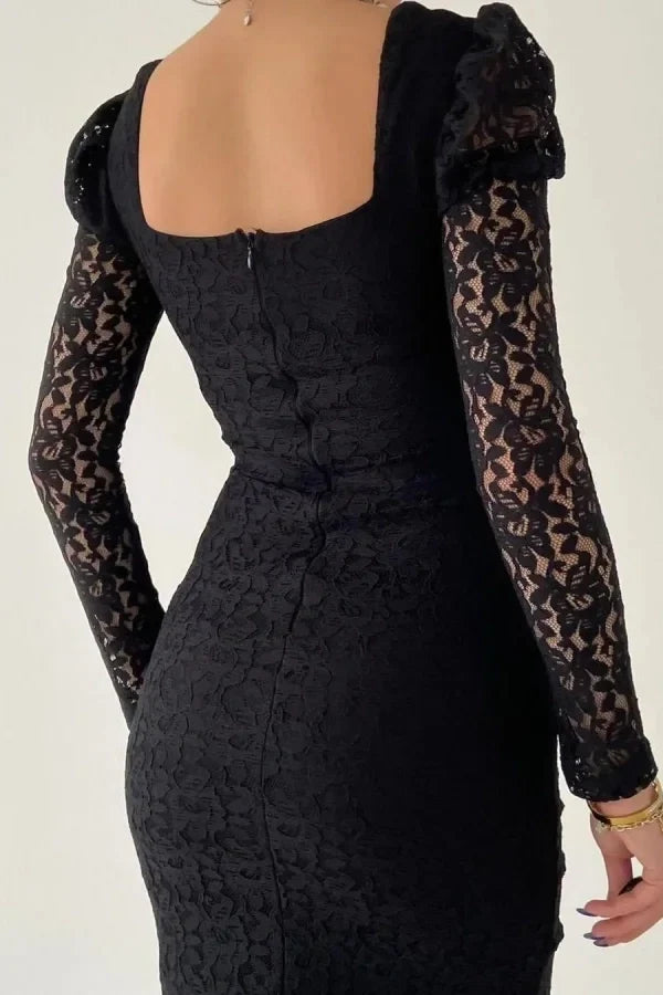 Black Sexy Ruched Sweetheart Long Sleeve Midi Party Dress