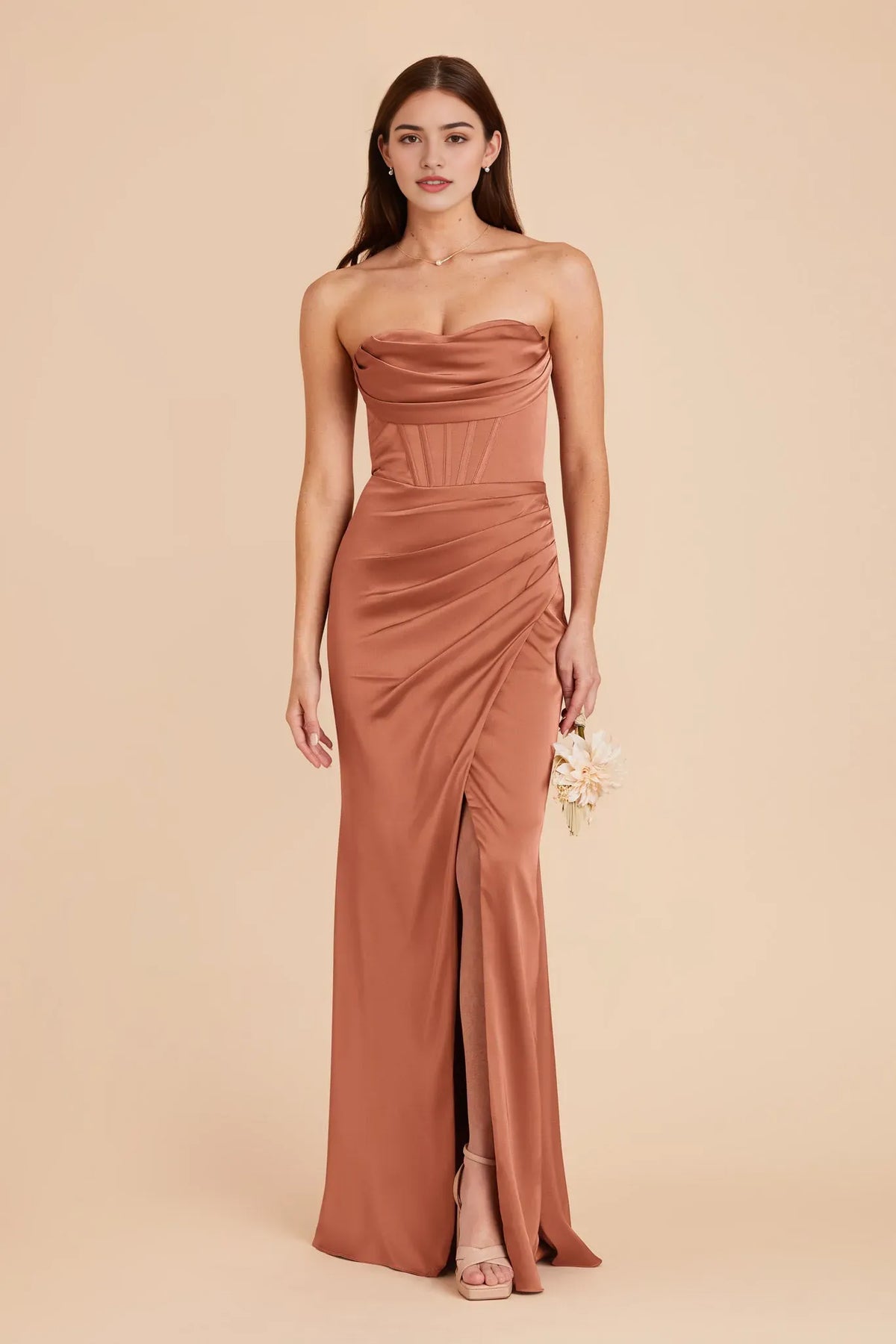 Rust Sexy Strapless Prom Dress Corset Detail Side Slit for Alluring Glamour