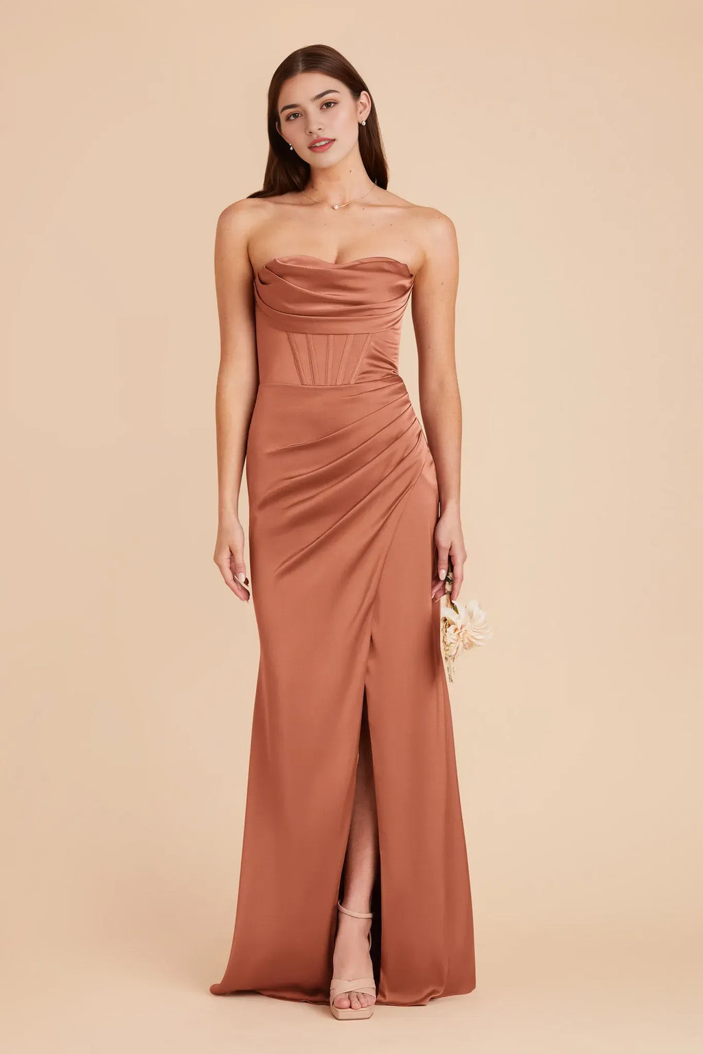 Rust Sexy Strapless Prom Dress Corset Detail Side Slit for Alluring Glamour