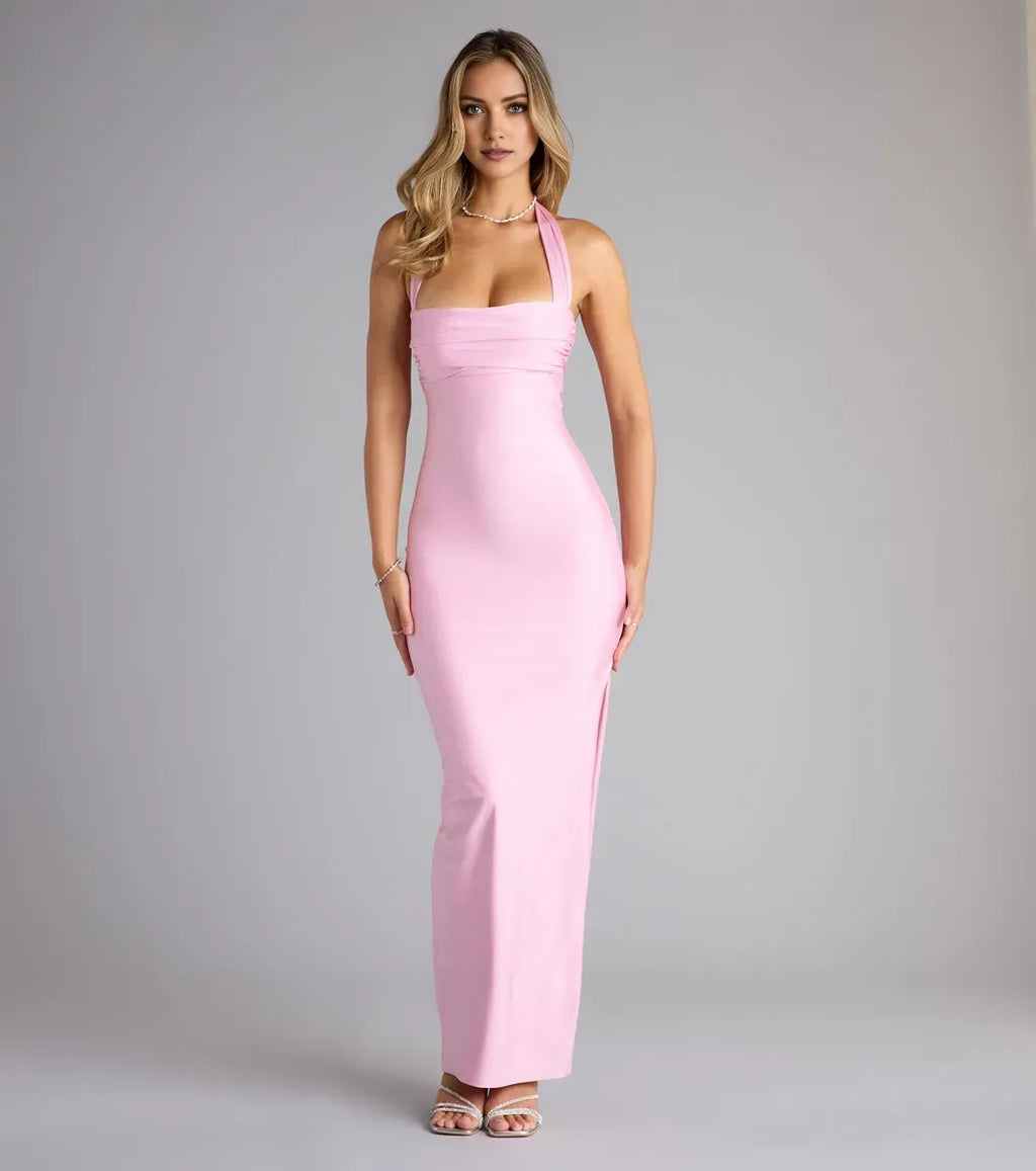 Pink Sexy Sheath Halter Neck Sleeveless Backless Tie Back Ankle-Length Prom Dresses with Ruched Bodice High Slit