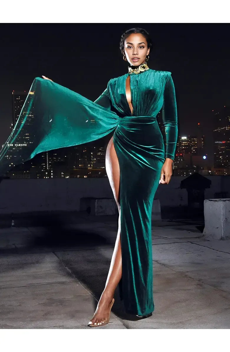 Special Occasion Sophisticated Elegant Emerald Green Velvet Sheath Long Sleeve Floor-Length Prom Dress