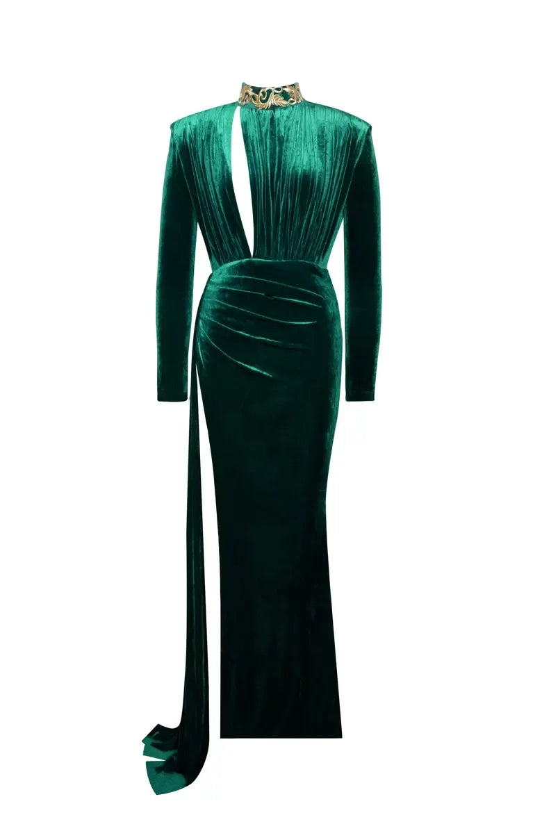 Special Occasion Sophisticated Elegant Emerald Green Velvet Sheath Long Sleeve Floor-Length Prom Dress