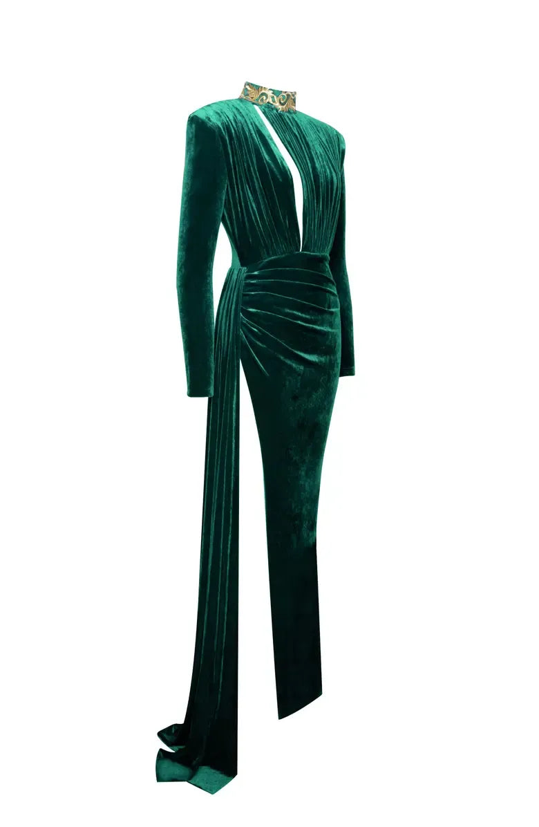 Special Occasion Sophisticated Elegant Emerald Green Velvet Sheath Long Sleeve Floor-Length Prom Dress