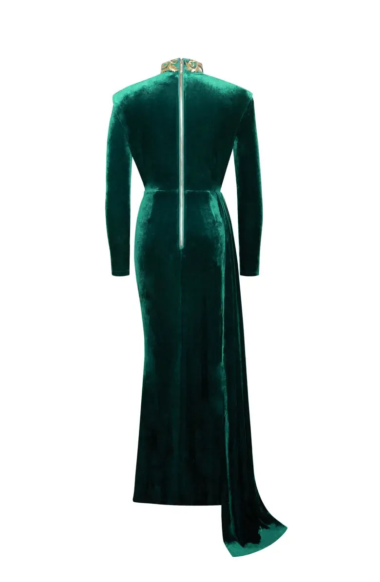 Special Occasion Sophisticated Elegant Emerald Green Velvet Sheath Long Sleeve Floor-Length Prom Dress