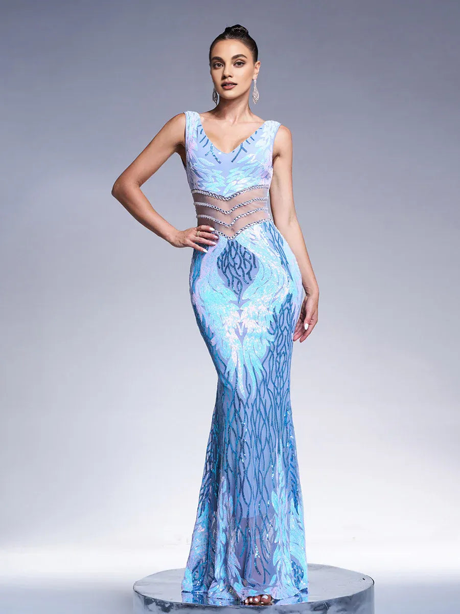 Special Occasion Sophisticated Elegant Rose Gold Sequin Sheath V-Neck Sleeveless Floor-Length Prom Dress