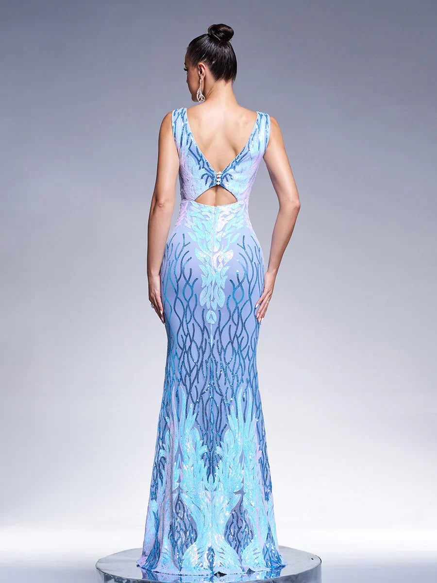 Special Occasion Sophisticated Elegant Rose Gold Sequin Sheath V-Neck Sleeveless Floor-Length Prom Dress