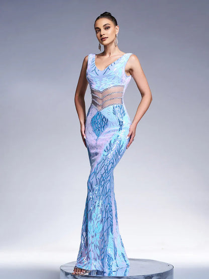 Special Occasion Sophisticated Elegant Rose Gold Sequin Sheath V-Neck Sleeveless Floor-Length Prom Dress