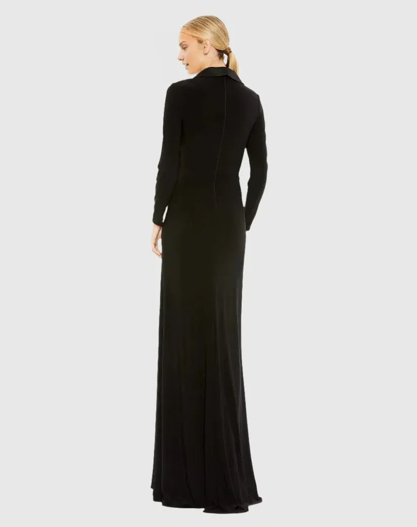 Beautiful Timeless Chic Elegant Black Satin Sheath Long Sleeve Floor-Length Prom Dress