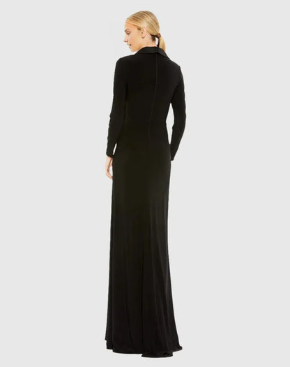 Beautiful Timeless Chic Elegant Black Satin Sheath Long Sleeve Floor-Length Prom Dress